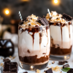 Drizzling homemade chocolate fudge sauce inside the prepared glass for the Chocolate Caramel White Russian.