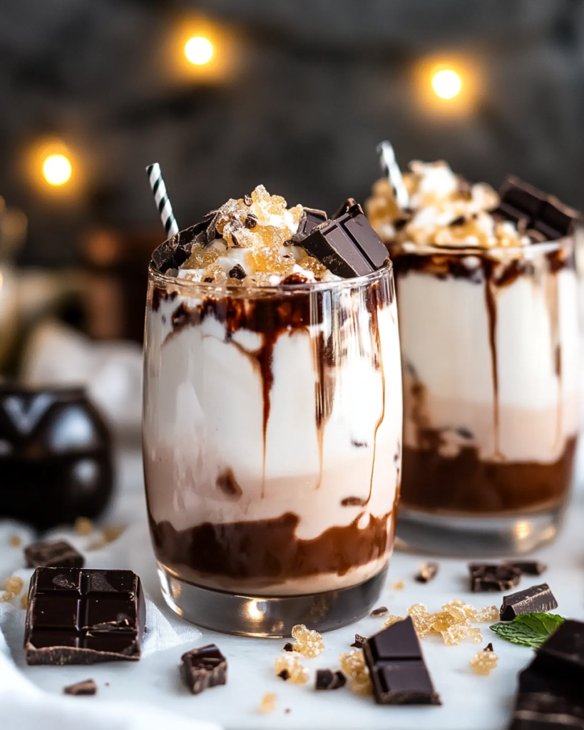 Drizzling homemade chocolate fudge sauce inside the prepared glass for the Chocolate Caramel White Russian.