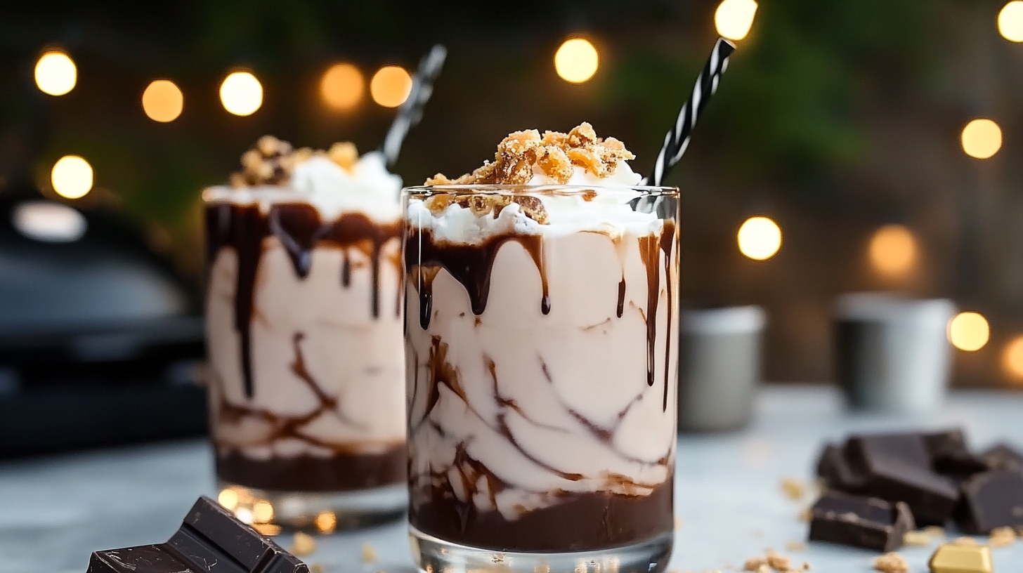 A decadent Chocolate Caramel White Russian cocktail in a rimmed glass, showing layers/swirls of chocolate and caramel.