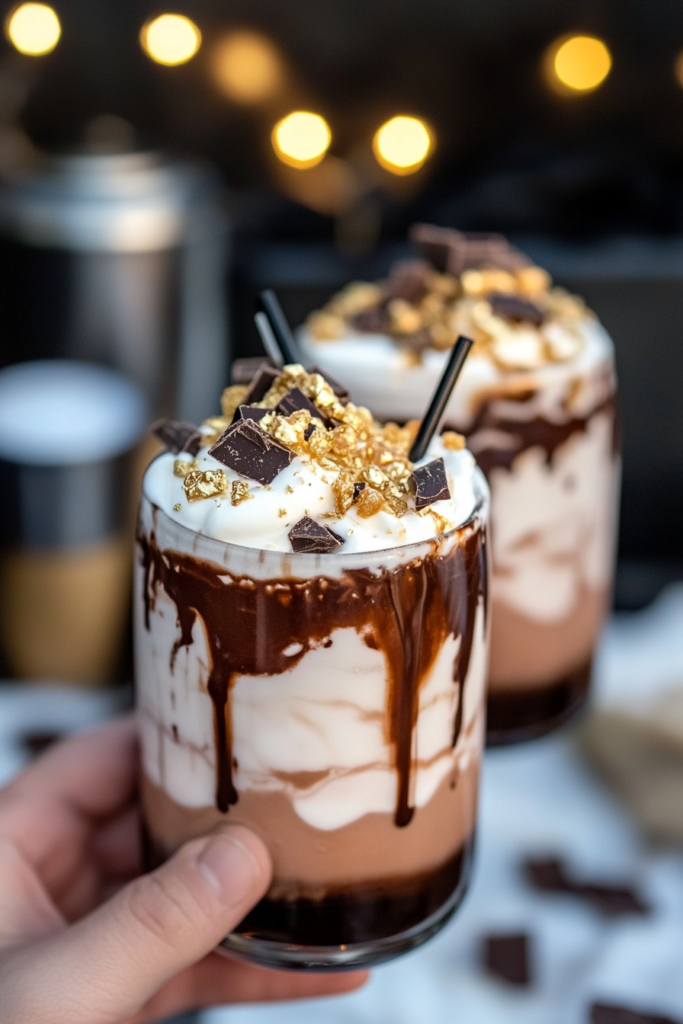 Close-up of the finished Chocolate Caramel White Russian with whipped cream (optional) and garnishes.