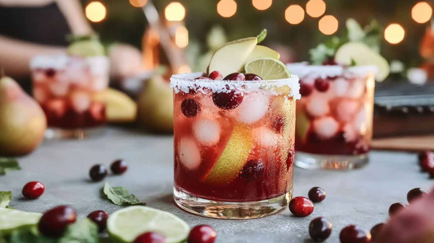 A copper mug filled with an icy Cranberry Pear Moscow Mule, garnished with sugared cranberries, pear slices, and lime.