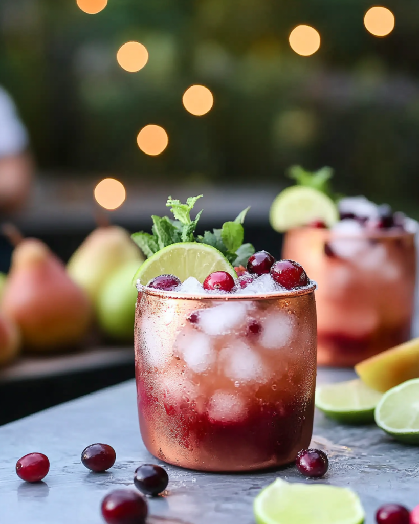 Making sugared cranberries by rolling syrup-coated cranberries in sugar for the Cranberry Pear Moscow Mule garnish.