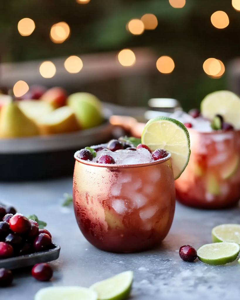  Ingredients for Cranberry Pear Moscow Mule, including vodka, cranberry juice, pear nectar, ginger beer, fresh cranberries, pears, and limes.   
