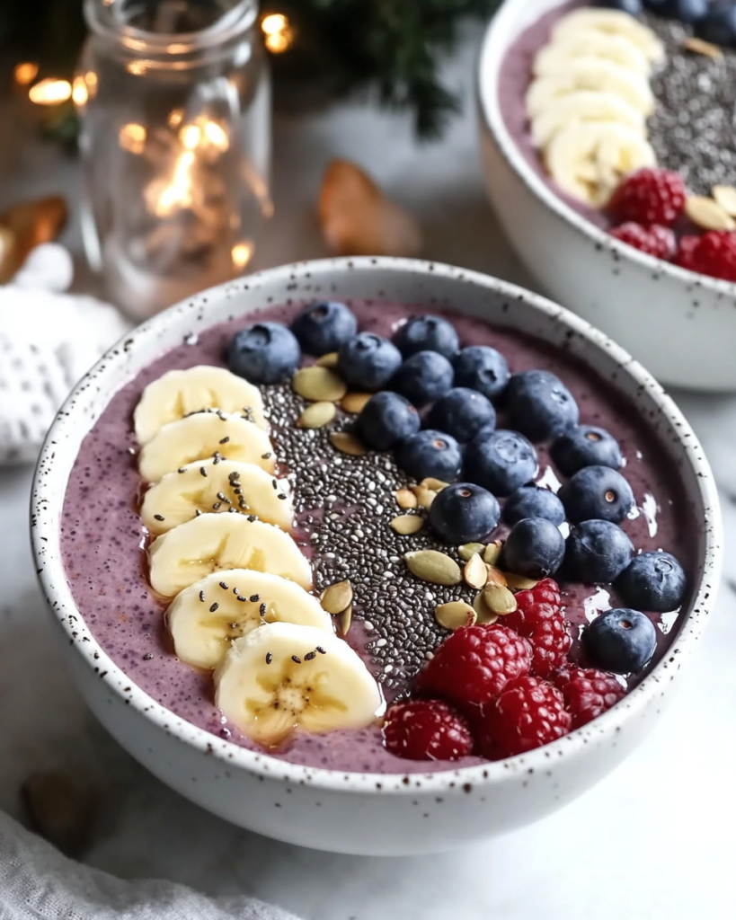Close-up of an Acai Chia Pudding Bowl with toppings like granola, seeds, and fresh fruit.