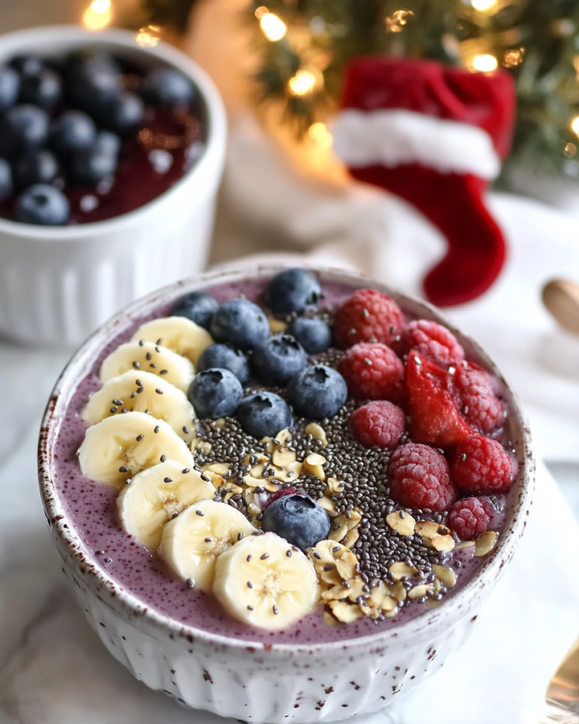 Ingredients for Acai Chia Pudding Bowls, including frozen acai packet, chia seeds, frozen berries, banana, milk, and various toppings.