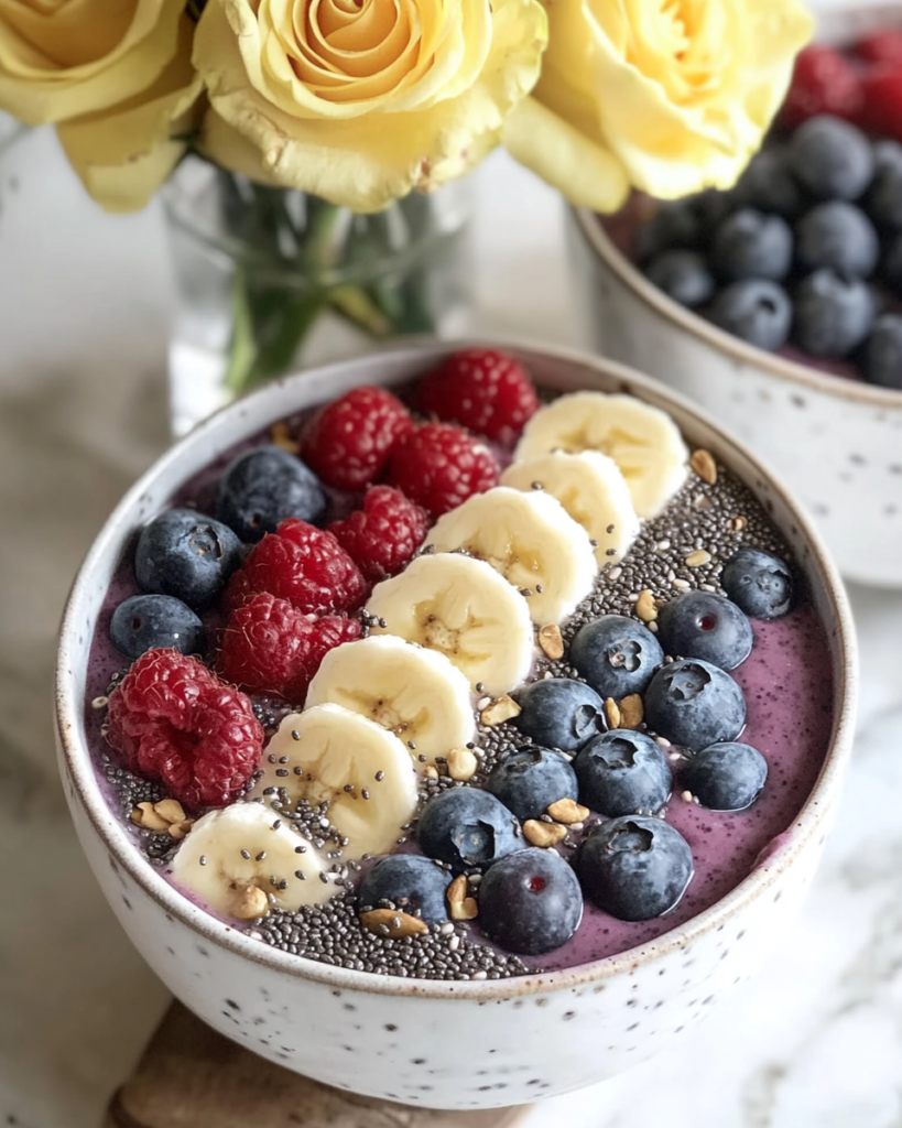 Pouring the thick purple acai smoothie next to the set chia pudding in a bowl for Acai Chia Pudding Bowls.