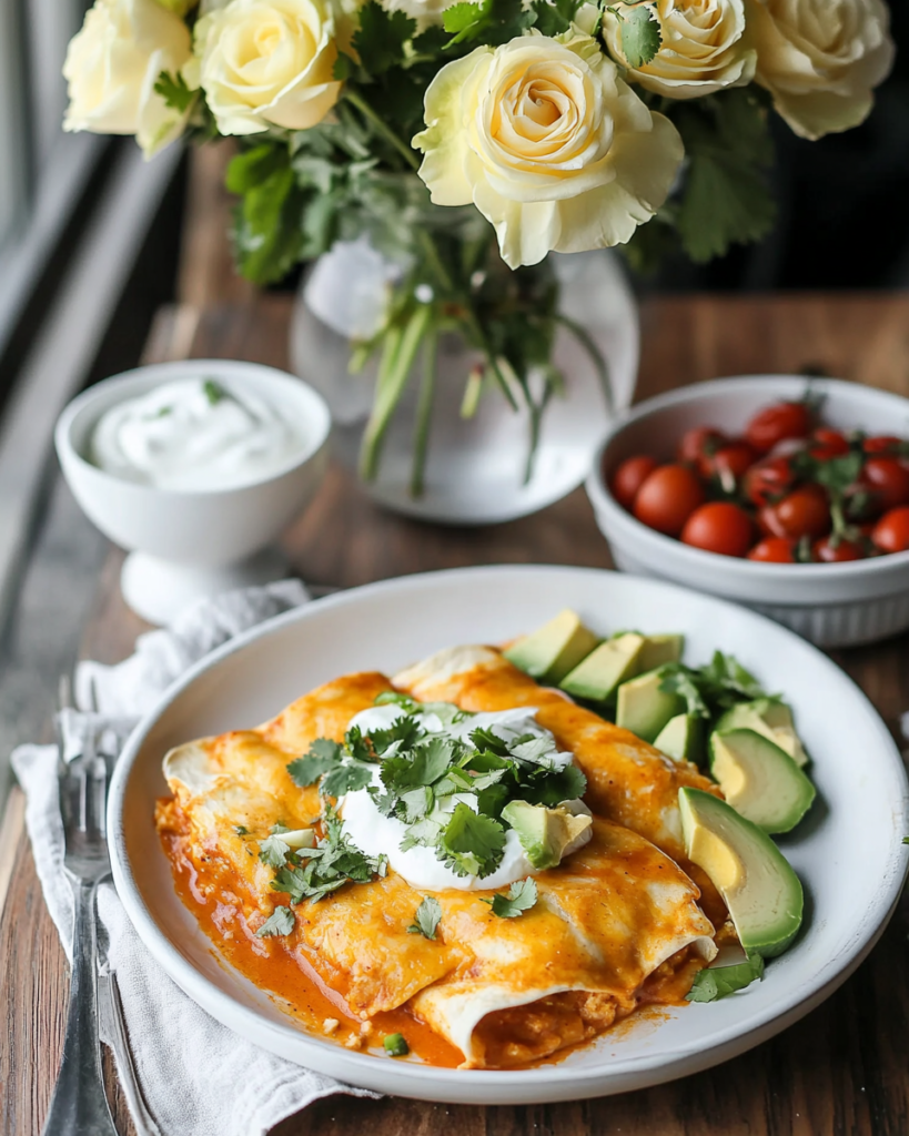 A serving of Overnight Breakfast Enchiladas on a plate, showcasing the filling and toppings.