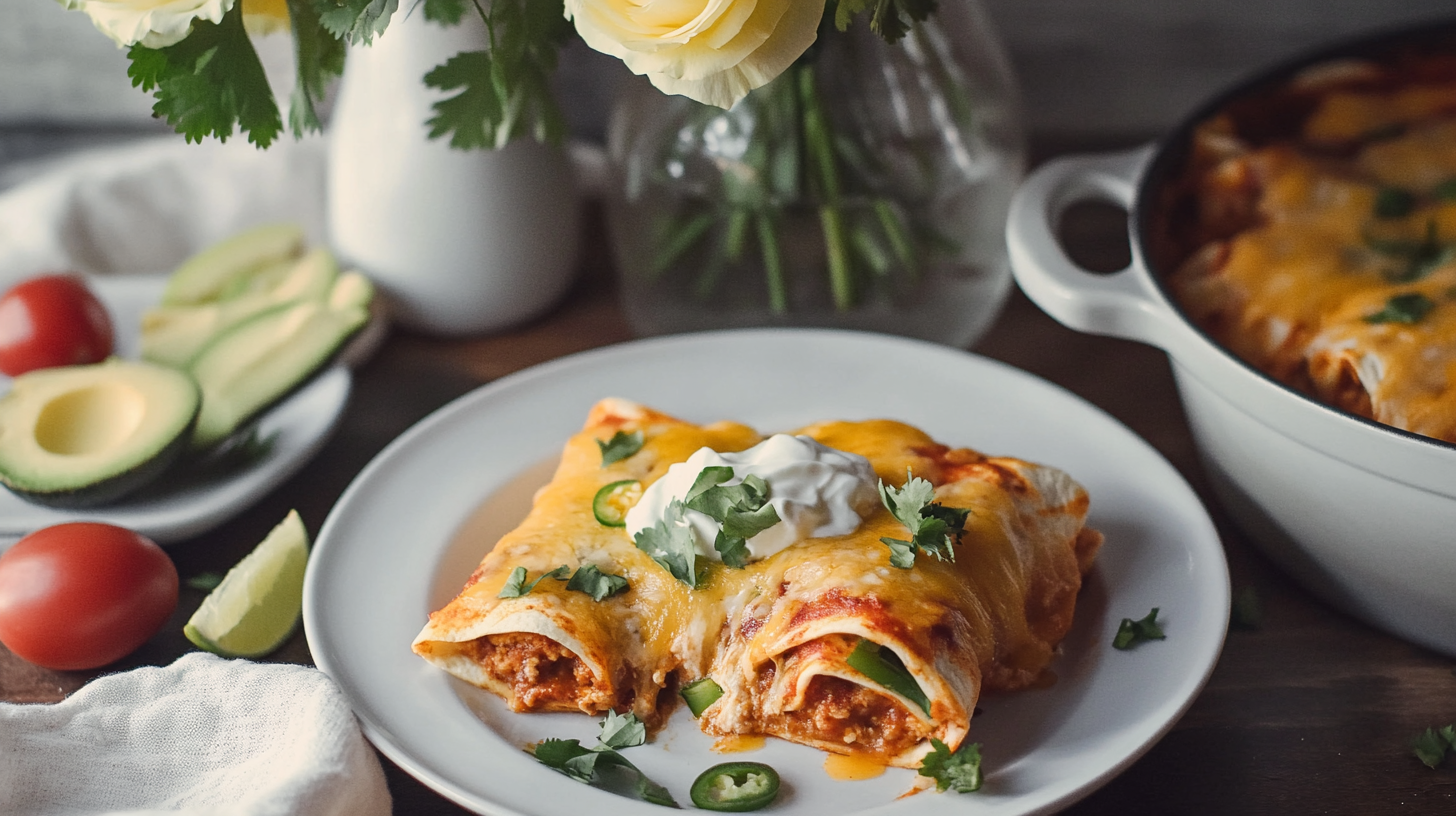 A bubbly, cheesy baking dish of Overnight Breakfast Enchiladas, topped with cilantro, avocado, and tomatoes.