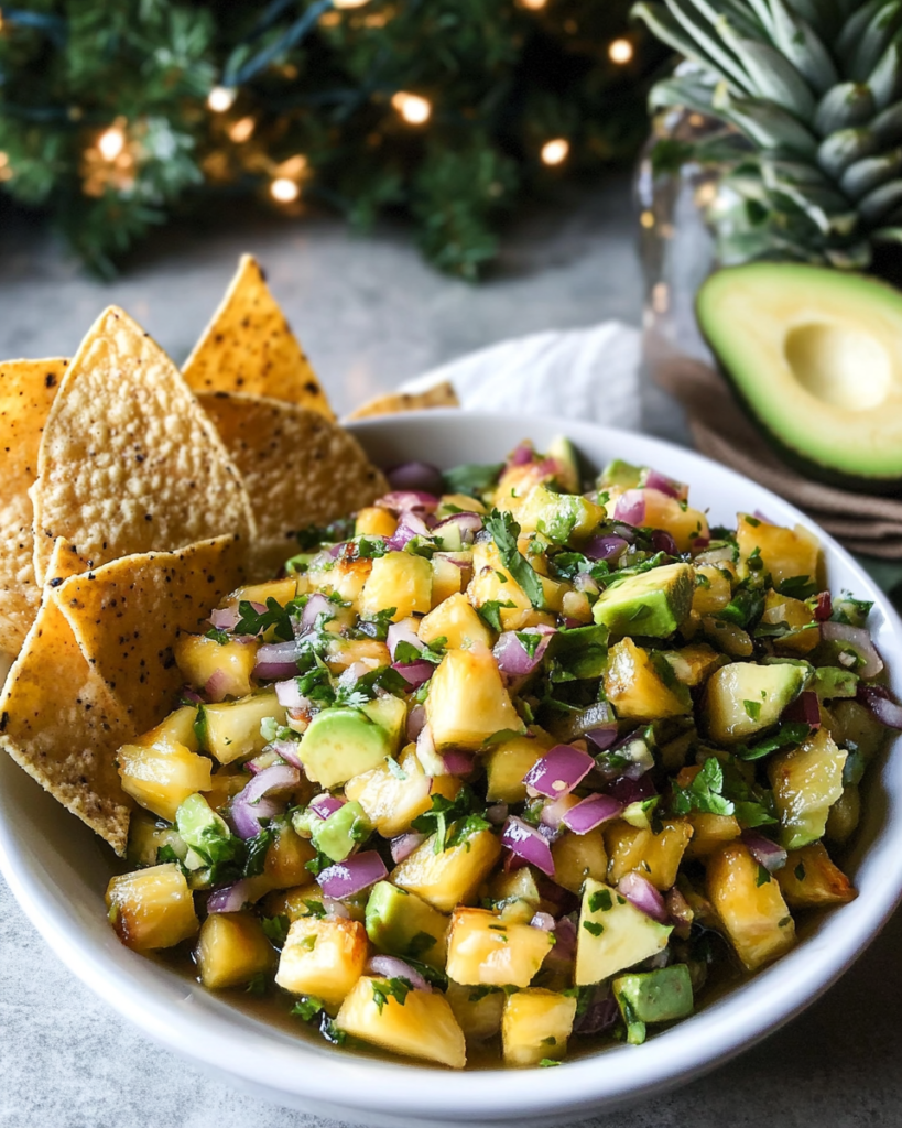 Grilled Pineapple Salsa served in a bowl with tortilla chips for dipping.