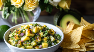 A vibrant bowl of Grilled Pineapple Salsa with avocado, jalapeño, red onion, and cilantro.