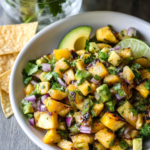 Pineapple slices grilling on a grill pan or outdoor grill for Grilled Pineapple Salsa.