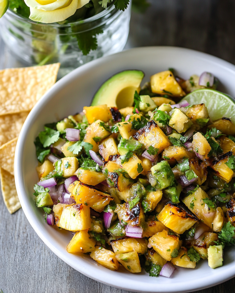 Pineapple slices grilling on a grill pan or outdoor grill for Grilled Pineapple Salsa.