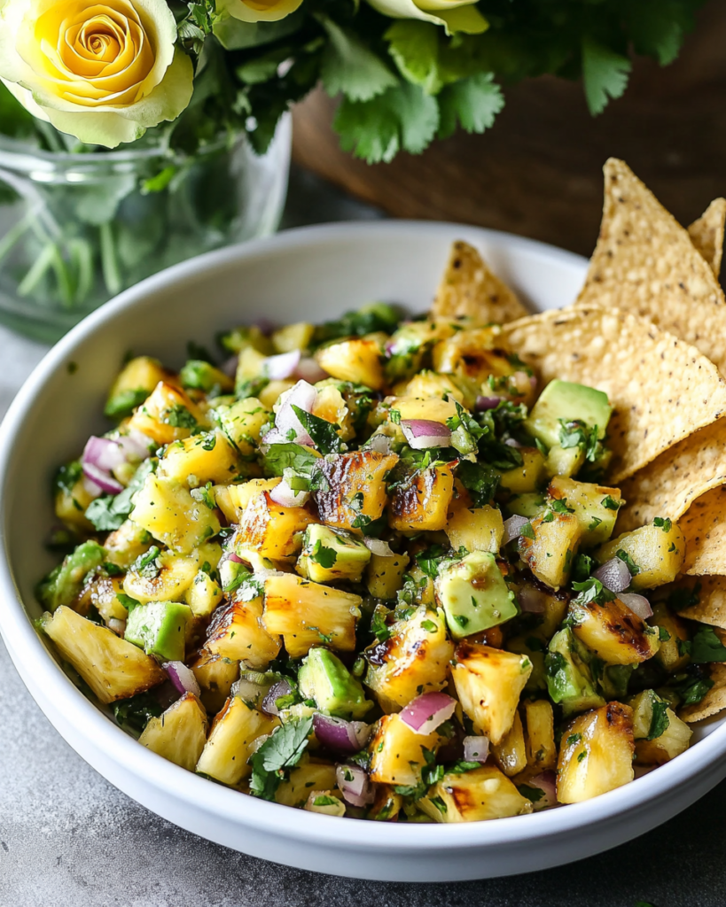 Ingredients for Grilled Pineapple Salsa, including fresh pineapple slices, avocado, jalapeño, red onion, cilantro, and lime.