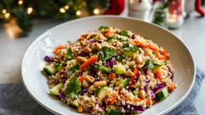 A large, colorful bowl of Crunchy Quinoa Salad with visible quinoa, red cabbage, carrots, peppers, nuts, and cilantro, tossed in peanut lime dressing.