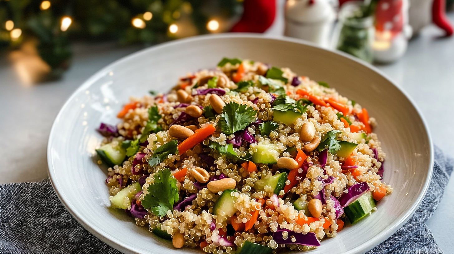 A large, colorful bowl of Crunchy Quinoa Salad with visible quinoa, red cabbage, carrots, peppers, nuts, and cilantro, tossed in peanut lime dressing.