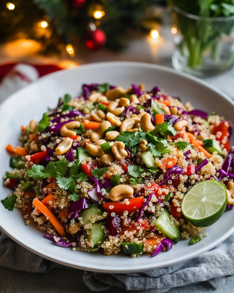 Ingredients for Crunchy Quinoa Salad, including quinoa, various chopped vegetables (carrots, cucumber, peppers, cabbage), nuts, cilantro, and components for the peanut lime dressing.
