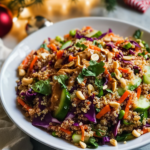 Tossing the quinoa and colorful chopped vegetables with the peanut lime dressing in a large mixing bowl for Crunchy Quinoa Salad.