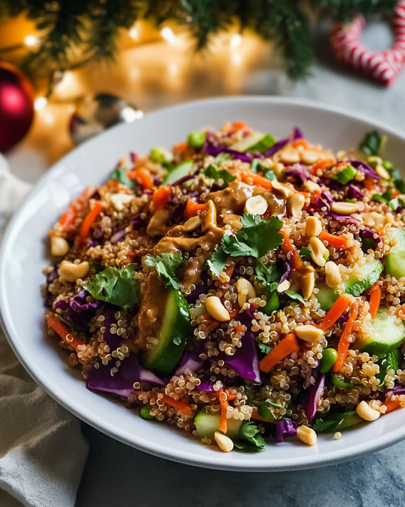 Tossing the quinoa and colorful chopped vegetables with the peanut lime dressing in a large mixing bowl for Crunchy Quinoa Salad.
