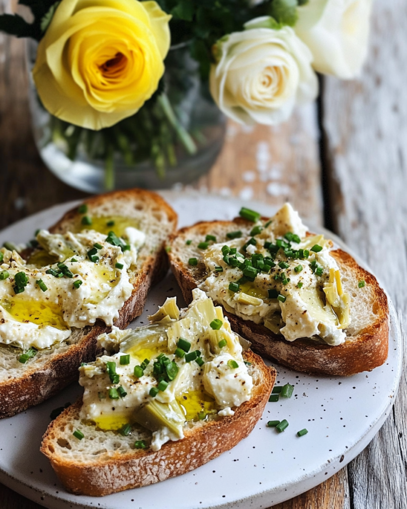 A platter of Warm Artichoke Bruschetta appetizers ready for a party.