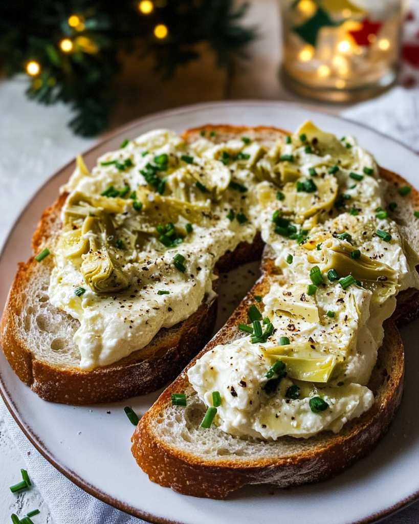 Blending the warm artichoke and cheese mixture in a food processor until smooth for Artichoke Bruschetta.