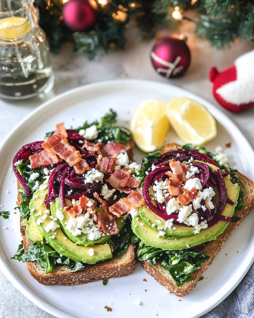 Assembling the Loaded Avocado Toast by layering roasted beets and swiss chard over avocado mash.