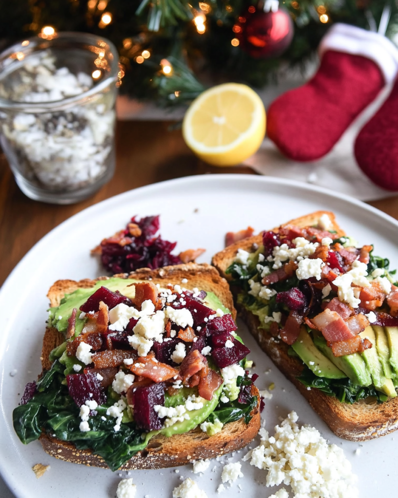 Ingredients for Loaded Avocado Toast, including avocado, bread, beets, swiss chard, bacon, feta, and lemon.