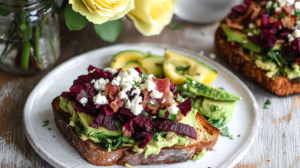 A slice of Loaded Avocado Toast piled high with mashed avocado, roasted beet noodles, swiss chard, feta, and bacon.