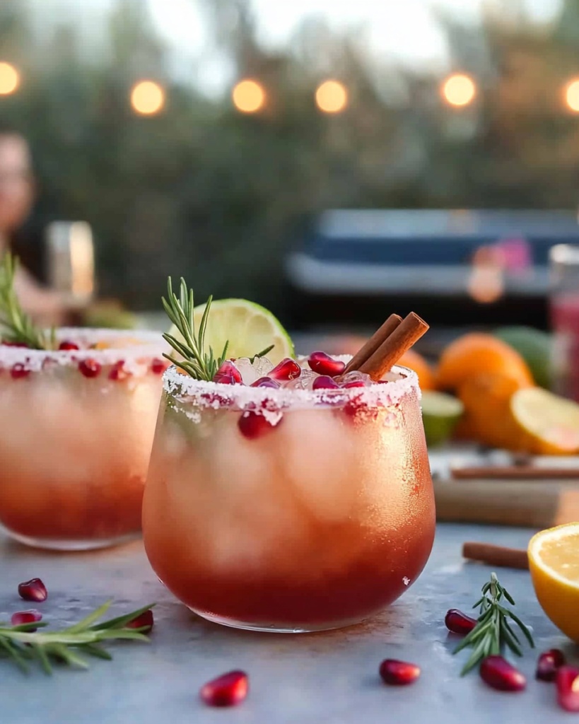 Ingredients for Rosemary Clementine Margarita, including clementines, pomegranate juice, tequila, Grand Marnier, rosemary, cinnamon sticks, and lime.