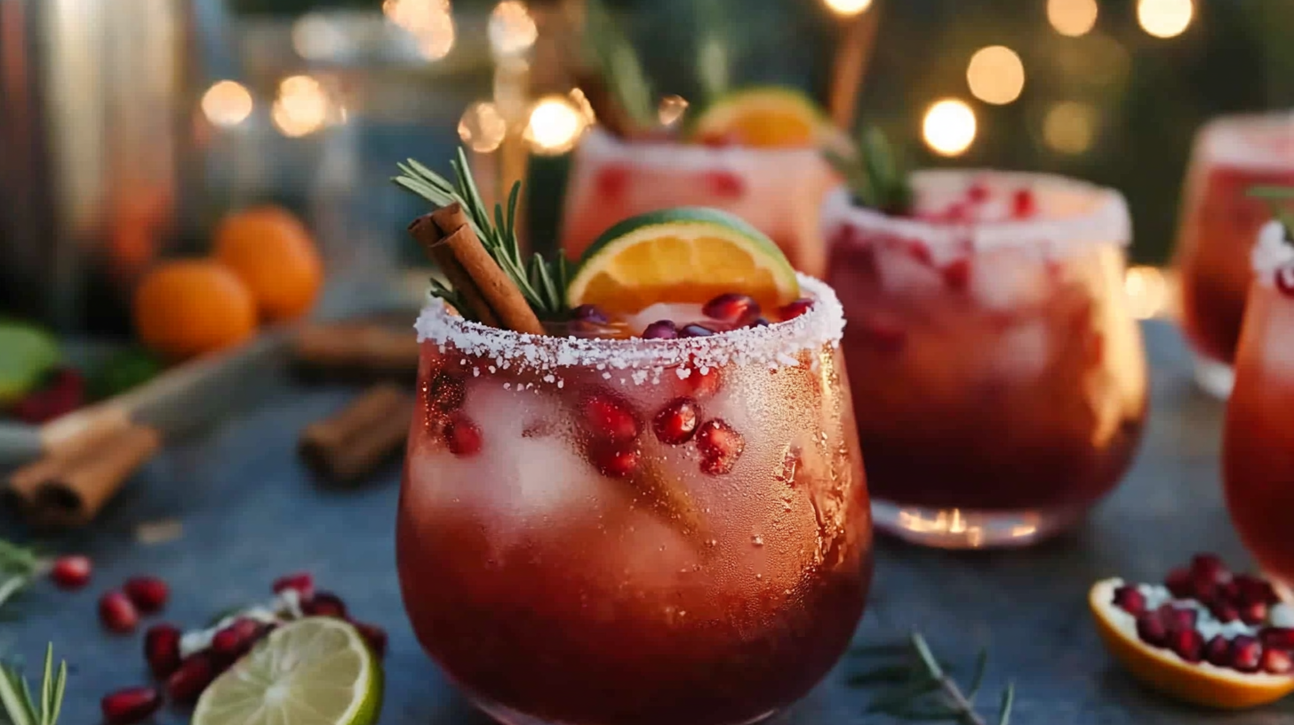 A vibrant Rosemary Clementine Margarita in a cinnamon-sugar-salt rimmed glass, garnished with clementine, pomegranate, rosemary, and cinnamon.
