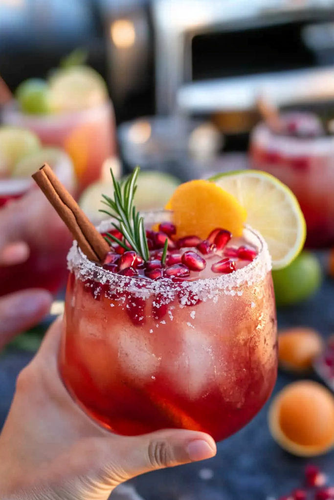 Pouring the strained Rosemary Clementine Margarita into a prepared rimmed glass filled with ice.