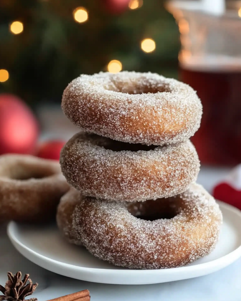 Ingredients for Apple Cider Doughnuts, including apple cider, flour, spices (cinnamon, cardamom, etc.), brown sugar, and eggs.