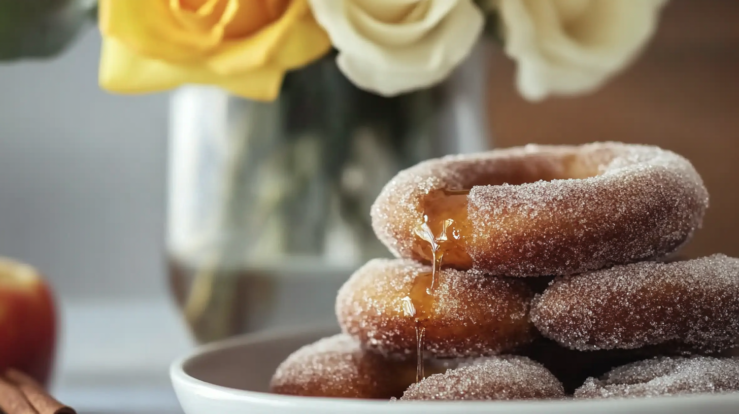 A pile of golden-brown, sugar-coated Apple Cider Doughnuts and doughnut holes.