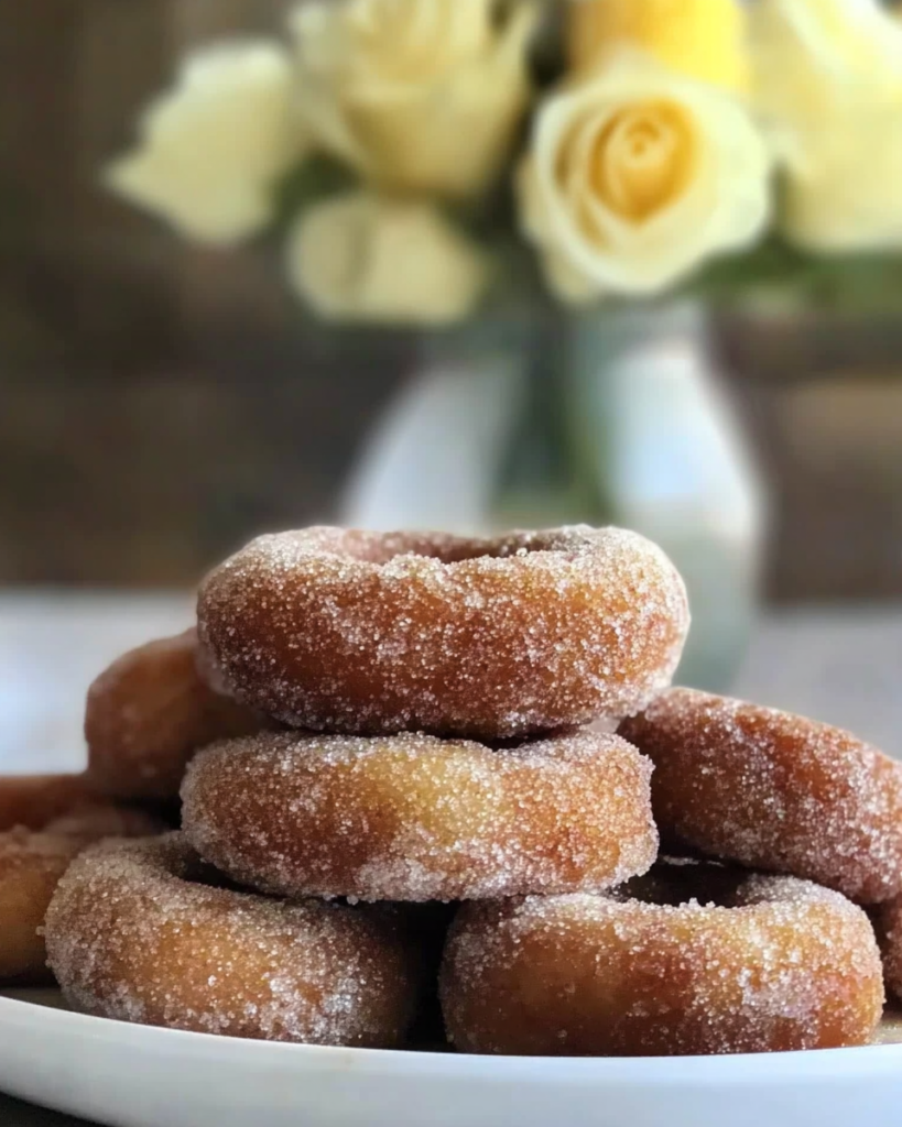 Apple Cider Doughnuts being tossed in the apple spice sugar coating or served warm on a platter.