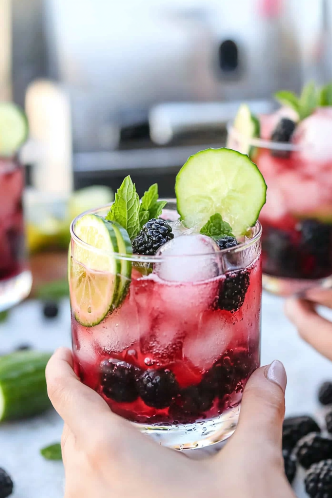 Pouring the shaken gin mixture over ice and muddled fruit before topping with soda for the Blackberry Mint Gin Spritzer.