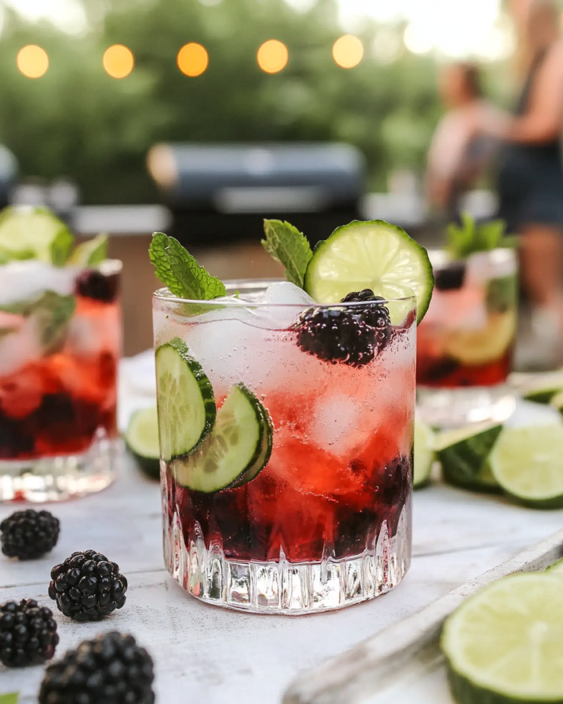 Muddling fresh blackberries and mint in the bottom of a glass for the Blackberry Mint Gin Spritzer.