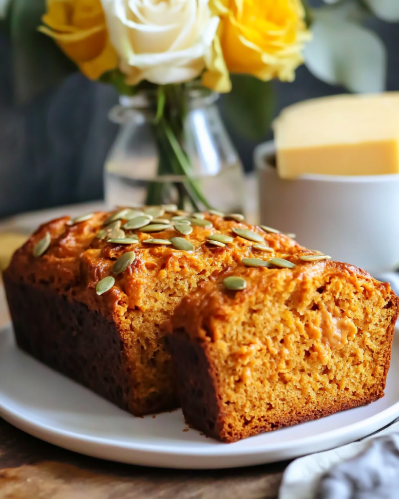 Pouring the batter into the loaf pan for Pumpkin Beer Bread, topped with pepitas.
