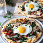 Assembling a Breakfast Naan Pizza by layering toppings onto a pre-baked naan base.