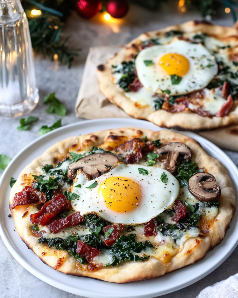 Assembling a Breakfast Naan Pizza by layering toppings onto a pre-baked naan base.