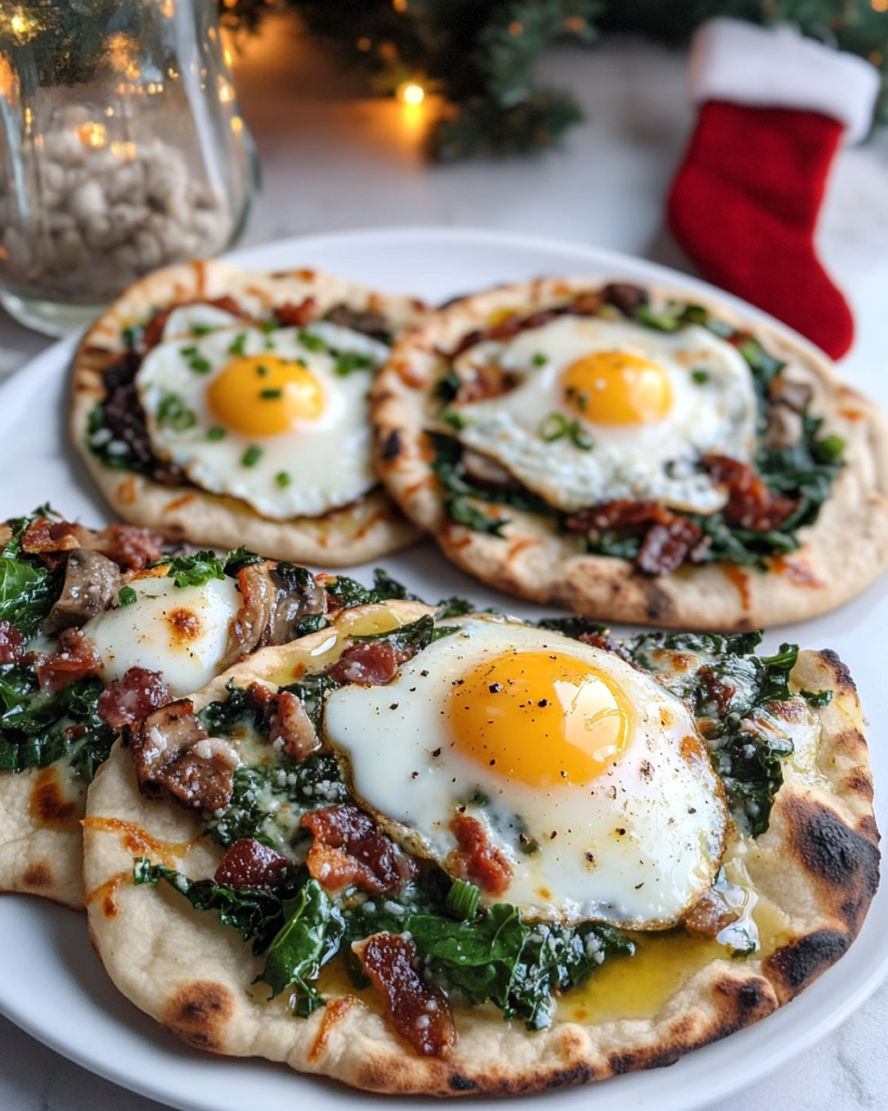  Ingredients for Breakfast Naan Pizzas, showing naan bread, eggs, cheeses (cheddar, burrata), veggies (mushrooms, spinach, kale, tomatoes), bacon, and pesto/herbs.