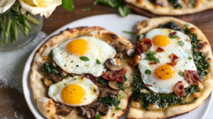 Two different Breakfast Naan Pizzas (one mushroom/spinach, one kale/bacon/burrata) topped with fried eggs.