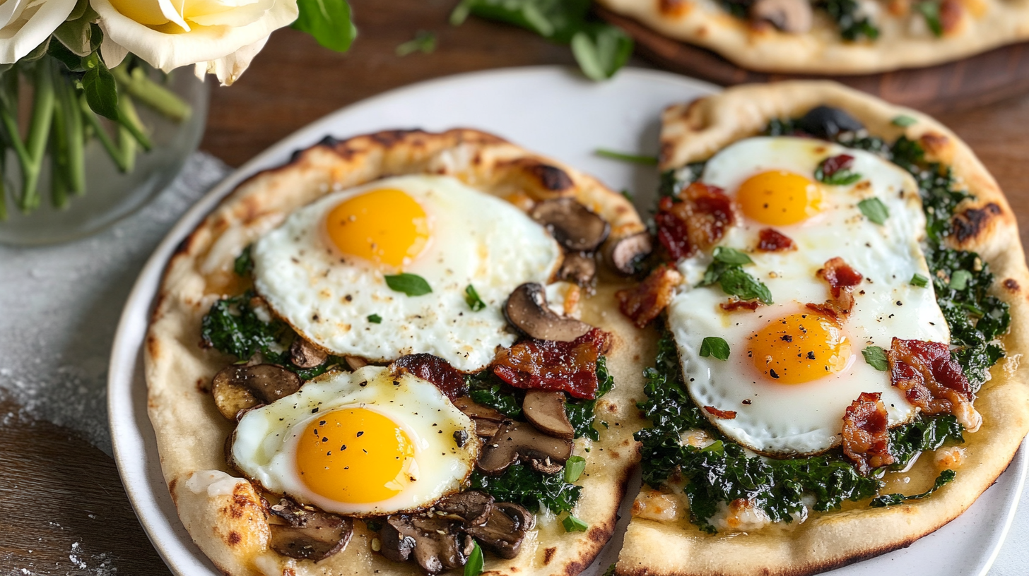 Two different Breakfast Naan Pizzas (one mushroom/spinach, one kale/bacon/burrata) topped with fried eggs.