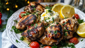 A platter of Grilled Lemon Garlic Chicken Thighs served over creamy whipped feta, garnished with fresh herbs and tomatoes.