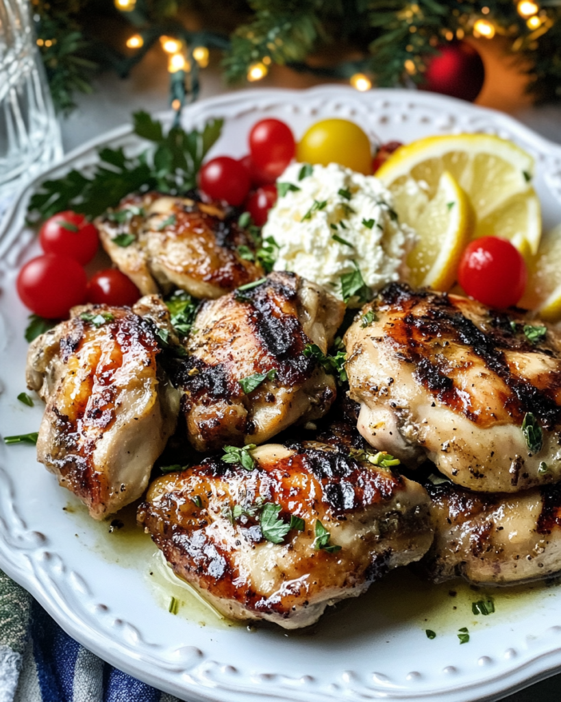 Grilling the marinated lemon garlic chicken thighs on an outdoor grill or grill pan.