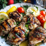 Ingredients for Grilled Lemon Garlic Chicken Thighs and whipped feta, including chicken thighs, lemons, garlic, feta cheese, cream cheese, olive oil, and fresh herbs.