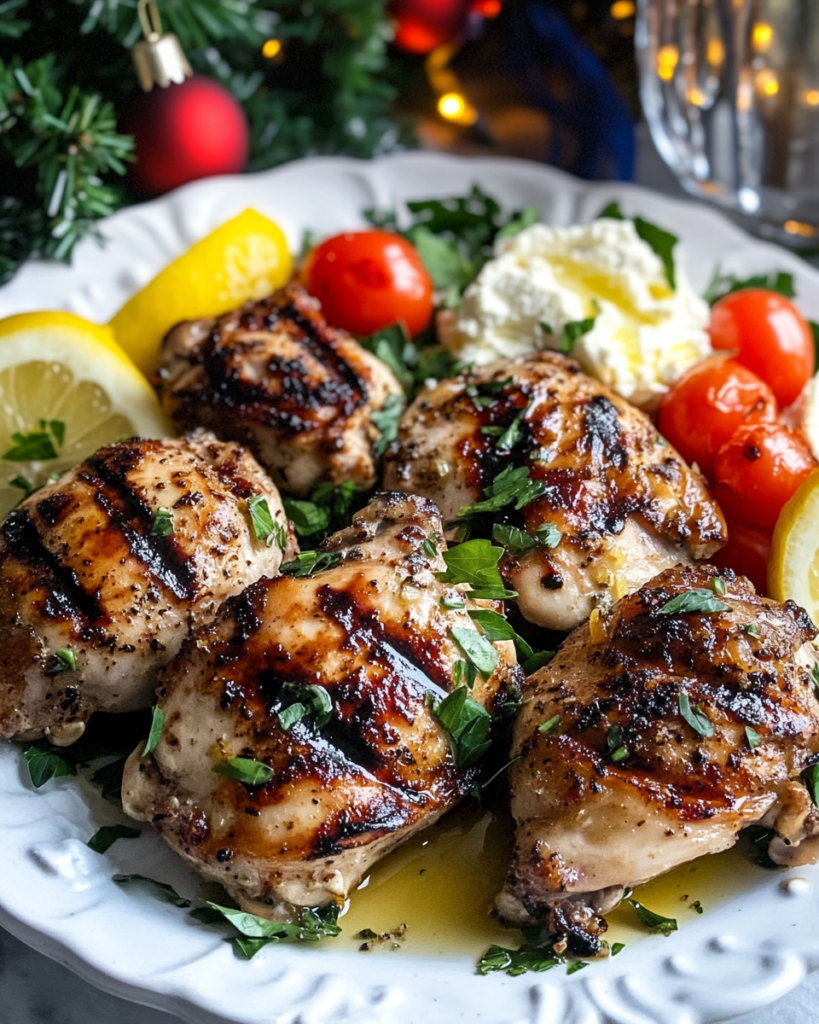 Ingredients for Grilled Lemon Garlic Chicken Thighs and whipped feta, including chicken thighs, lemons, garlic, feta cheese, cream cheese, olive oil, and fresh herbs.