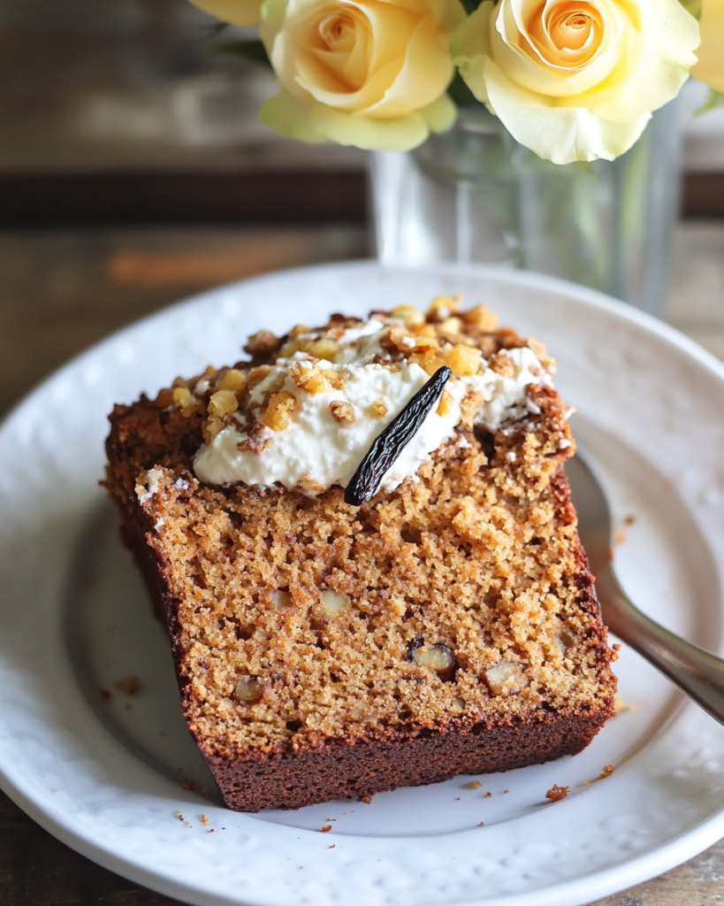The whole Carrot Cake Loaf on a cutting board, partially sliced, with a bowl of the ricotta topping nearby.