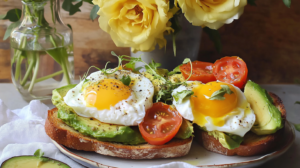 Beautiful slices of Cream Cheese Avocado Toast topped with heirloom tomatoes, a poached egg, and microgreens.
