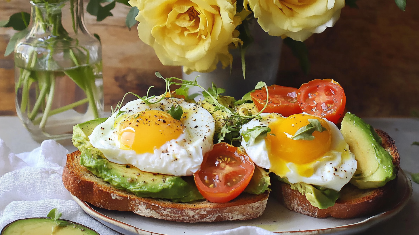 Beautiful slices of Cream Cheese Avocado Toast topped with heirloom tomatoes, a poached egg, and microgreens.