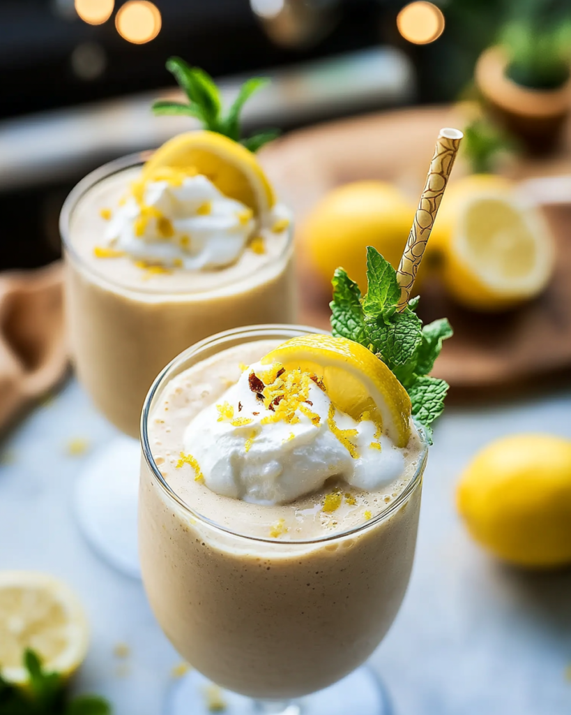 Ingredients for Lemon Cream Pie Smoothie, including frozen cauliflower rice, lemons, dates, almonds, plant-based milk, and vanilla.

