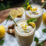 Blending the ingredients for the Lemon Cream Pie Smoothie in a high-speed blender.
